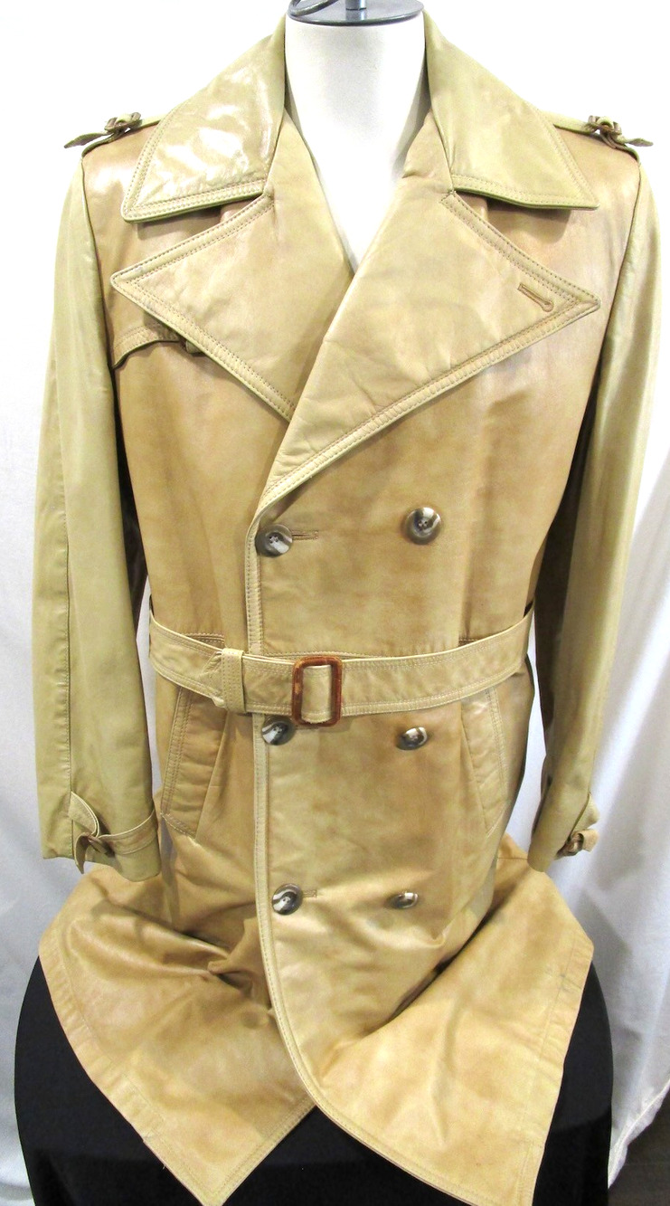 VTG 70s Lakeland Tan Leather Double Breasted Belted Trench Coat Men 40 / M